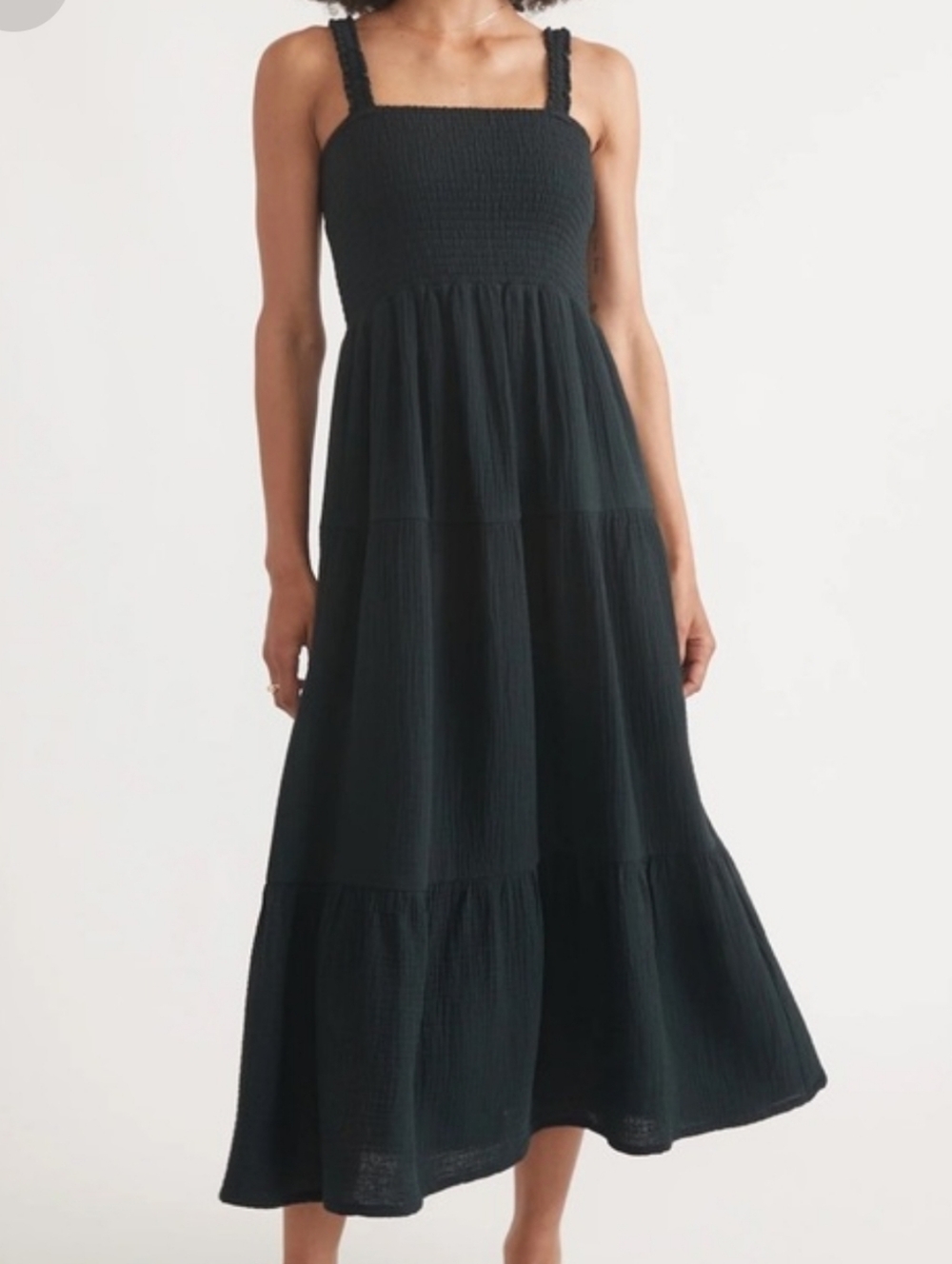 Marine Layer Black Selene Smocked Tiered Maxi Dress Tank Sleeveless Size Large